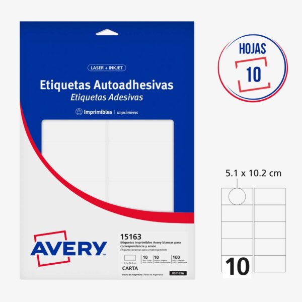 ETIQUETAS ADHESIVAS IMPRIMIBLES AVERY BLANCAS 5.1 x 10.2 cm - 100 Unds