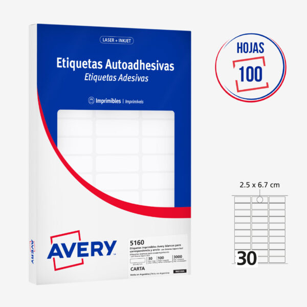 ETIQUETAS ADHESIVAS IMPRIMIBLES AVERY BLANCAS Carta 2.5 X 6.7 cm – 3000 Unds