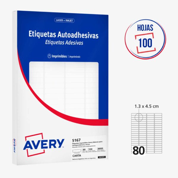 ETIQUETAS ADHESIVAS IMPRIMIBLES AVERY BLANCAS  1.3 x 4.5 cm - 8000 Unds