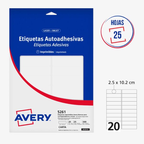 ETIQUETAS ADHESIVAS IMPRIMIBLES AVERY BLANCAS  2.5 x 10.2 cm - 500 Unds