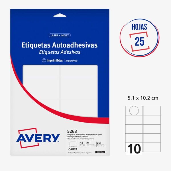 ETIQUETAS ADHESIVAS IMPRIMIBLES AVERY BLANCAS 5.1 x 10.2 cm - 250 Unds