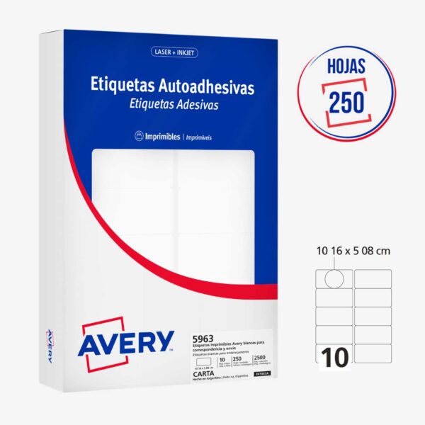 ETIQUETAS ADHESIVAS IMPRIMIBLES AVERY BLANCAS 5.1 x 10.2 cm - 2500 Unds