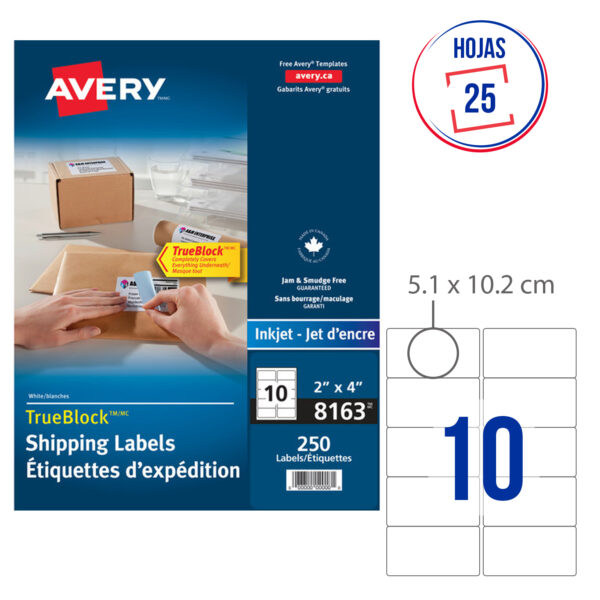 ETIQUETAS ADHESIVAS IMPRIMIBLES AVERY BLANCAS 5.1x 10.2 cm - 250 Unds