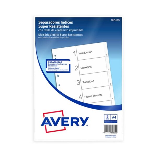 SEPARADORES INDICES AVERY SUPER RESISTENTES A4 DEL 1 AL 5