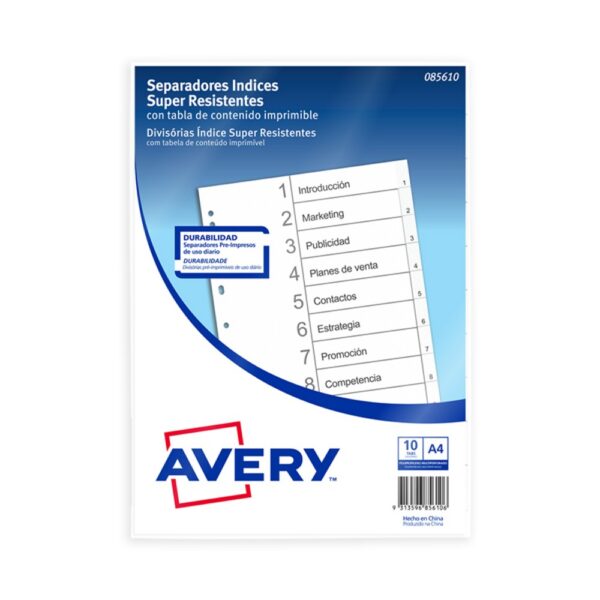 SEPARADORES INDICES AVERY SUPER RESISTENTES A4 DEL 1 AL 10