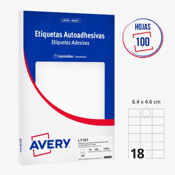 ETIQUETAS ADHESIVAS IMPRIMIBLES AVERY BLANCAS 6.4 x 4.6 cm - 1800 Unds