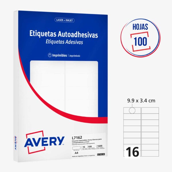 ETIQUETAS ADHESIVAS IMPRIMIBLES AVERY BLANCAS 9.9 x 3.4 cm - 1600 Unds