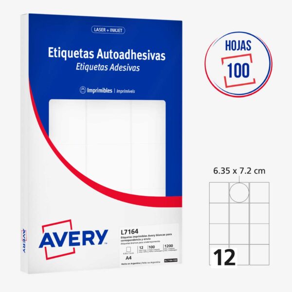 ETIQUETAS ADHESIVAS IMPRIMIBLES AVERY BLANCAS 6.35 x 7.2 cm - 1200 Unds