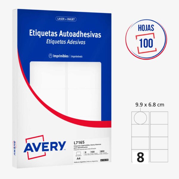 ETIQUETAS ADHESIVAS IMPRIMIBLES AVERY BLANCAS 9.9 x 6.8 cm - 800 Unds
