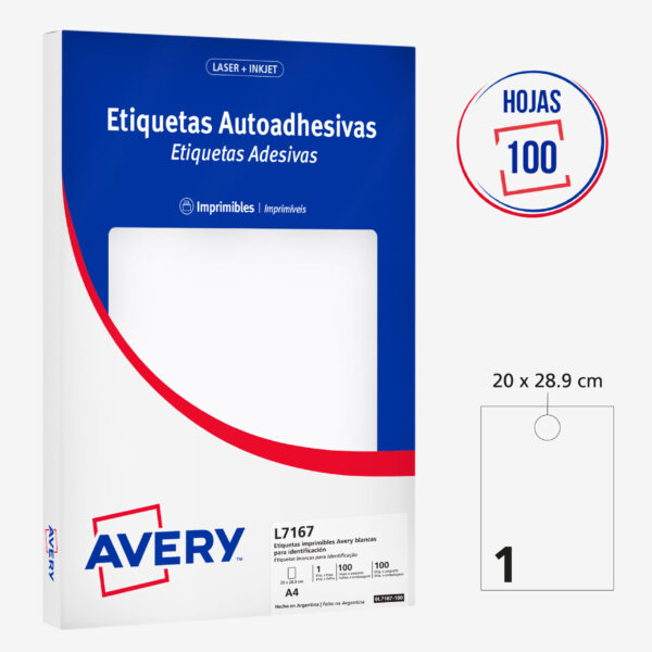 ETIQUETAS ADHESIVAS IMPRIMIBLES AVERY BLANCAS A4 20 X 28.9 cm - 100 Unds