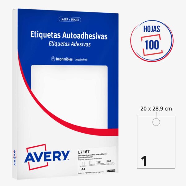 ETIQUETAS ADHESIVAS IMPRIMIBLES AVERY BLANCAS 27.9 x 21.6 CM - 100 Unds
