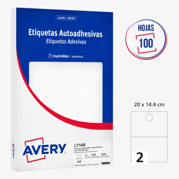 ETIQUETAS ADHESIVAS IMPRIMIBLES AVERY BLANCAS 20 x 14.4 CM - 200 Unds