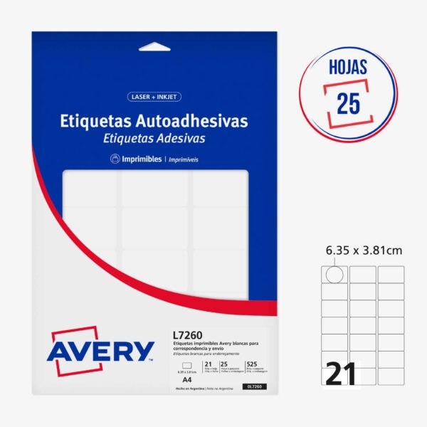 ETIQUETAS ADHESIVAS IMPRIMIBLES AVERY BLANCAS 6.4 x 3.8 cm - 525 Unds